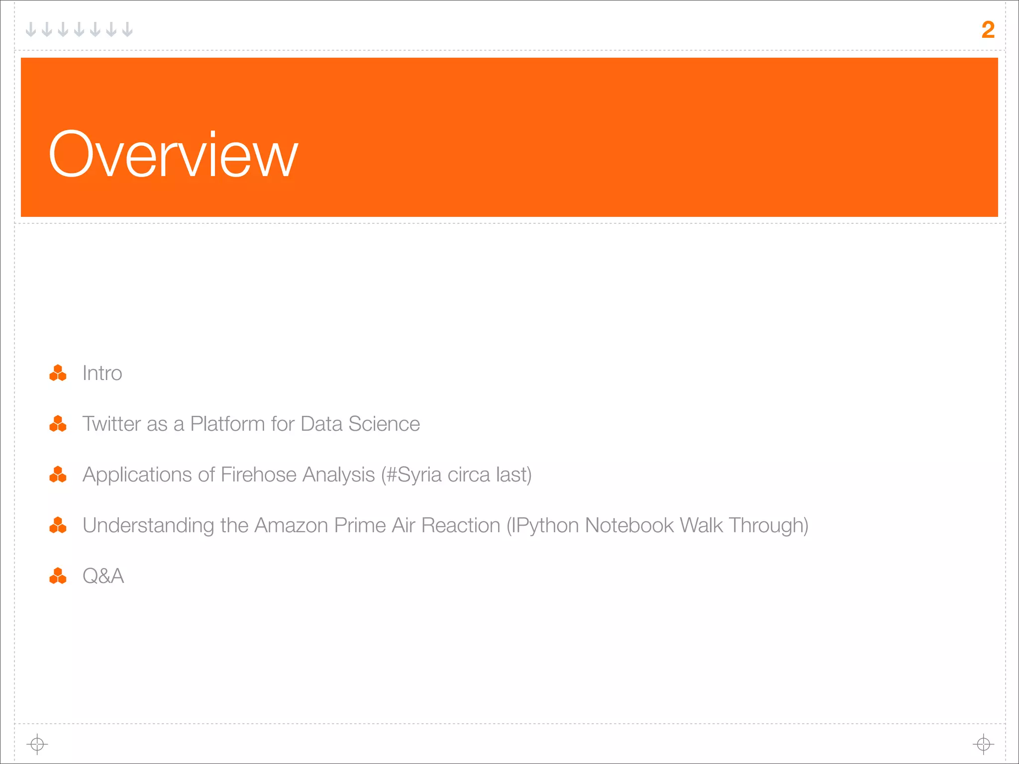 2

Overview

Intro
Twitter as a Platform for Data Science
Applications of Firehose Analysis (#Syria circa last)
Understanding the Amazon Prime Air Reaction (IPython Notebook Walk Through)
Q&A

 