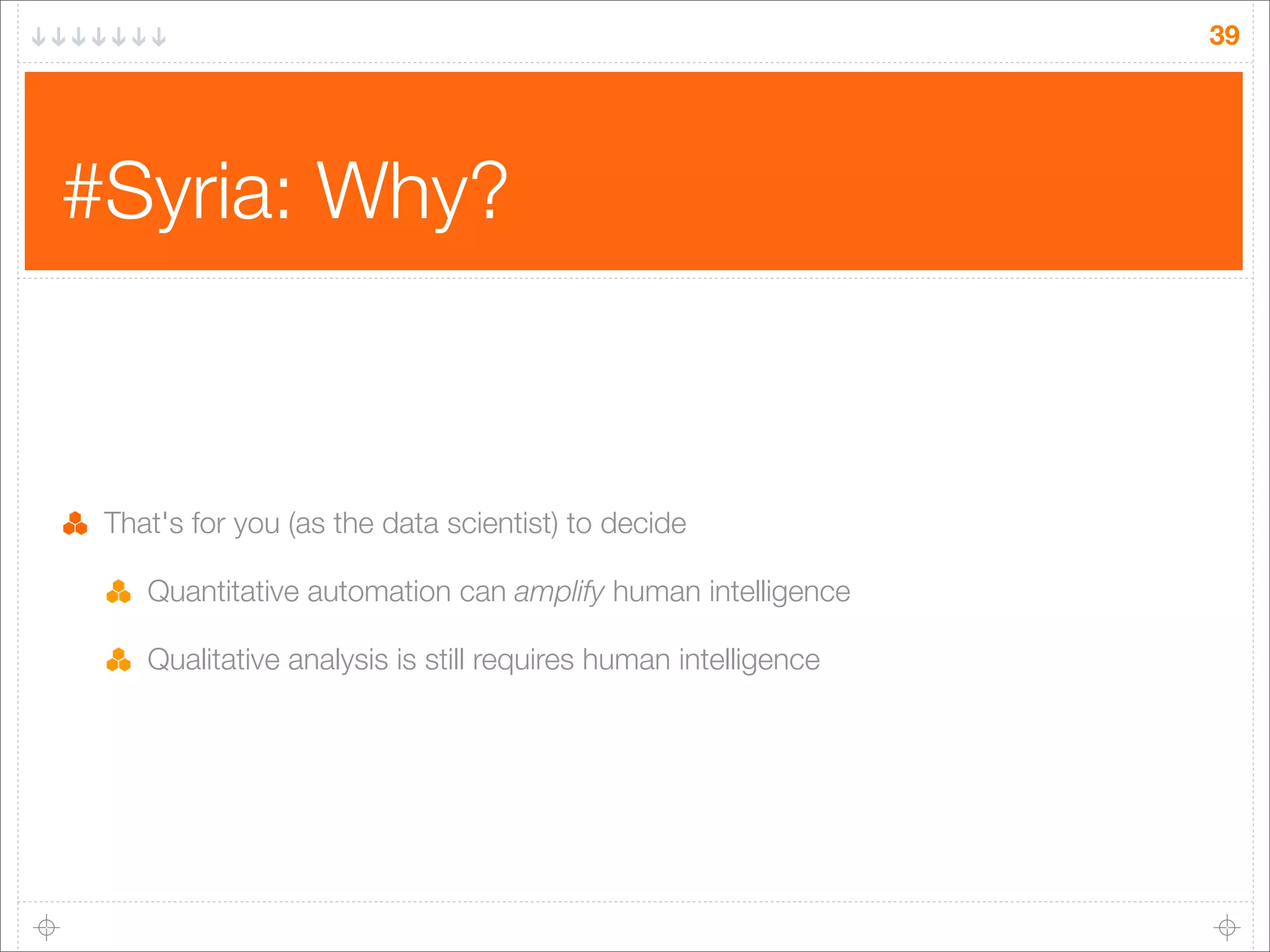 39

#Syria: Why?

That's for you (as the data scientist) to decide
Quantitative automation can amplify human intelligence
Qualitative analysis is still requires human intelligence

 