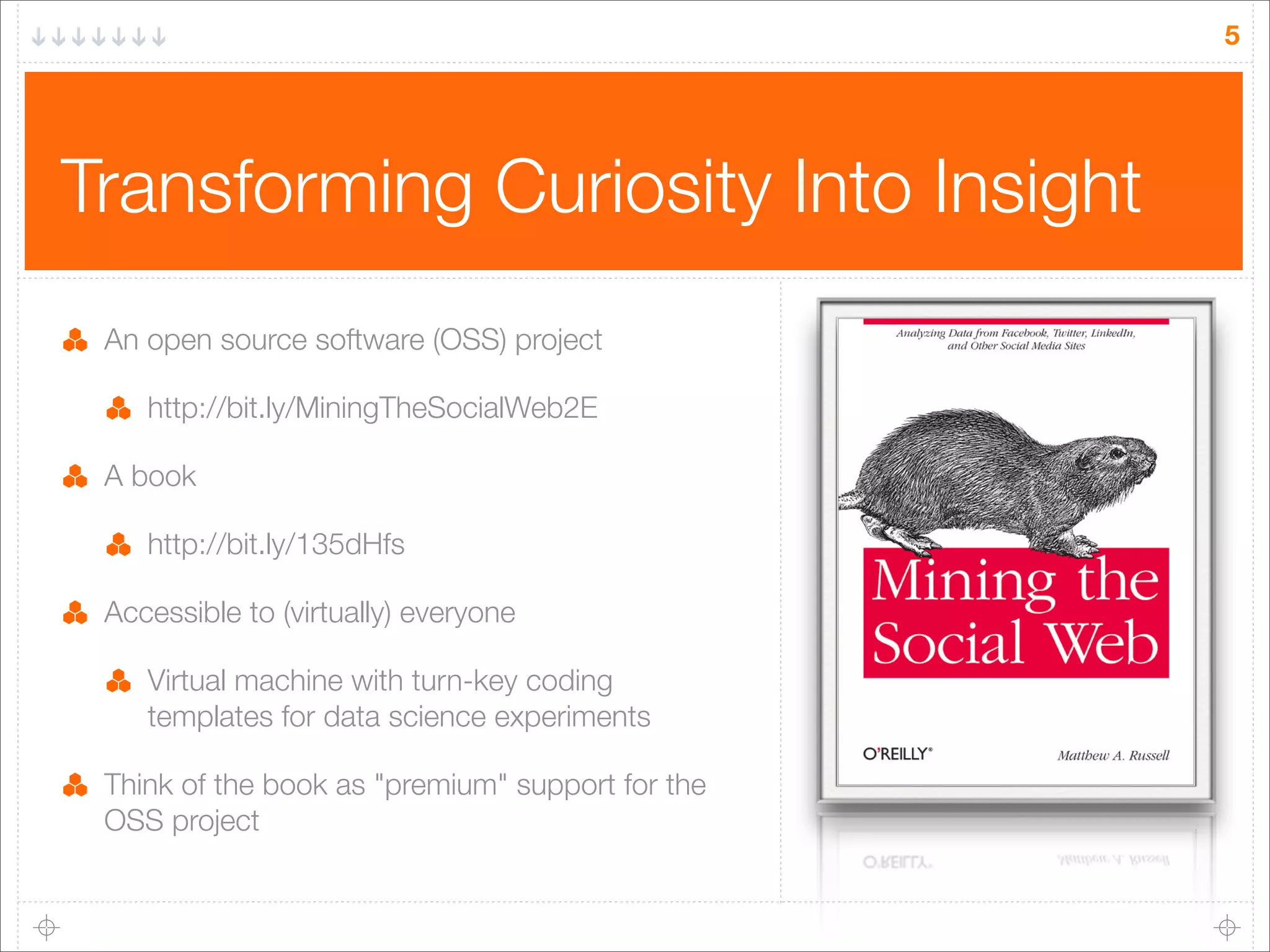 5

Transforming Curiosity Into Insight
An open source software (OSS) project
http://bit.ly/MiningTheSocialWeb2E
A book
http://bit.ly/135dHfs
Accessible to (virtually) everyone
Virtual machine with turn-key coding
templates for data science experiments
Think of the book as "premium" support for the
OSS project

 