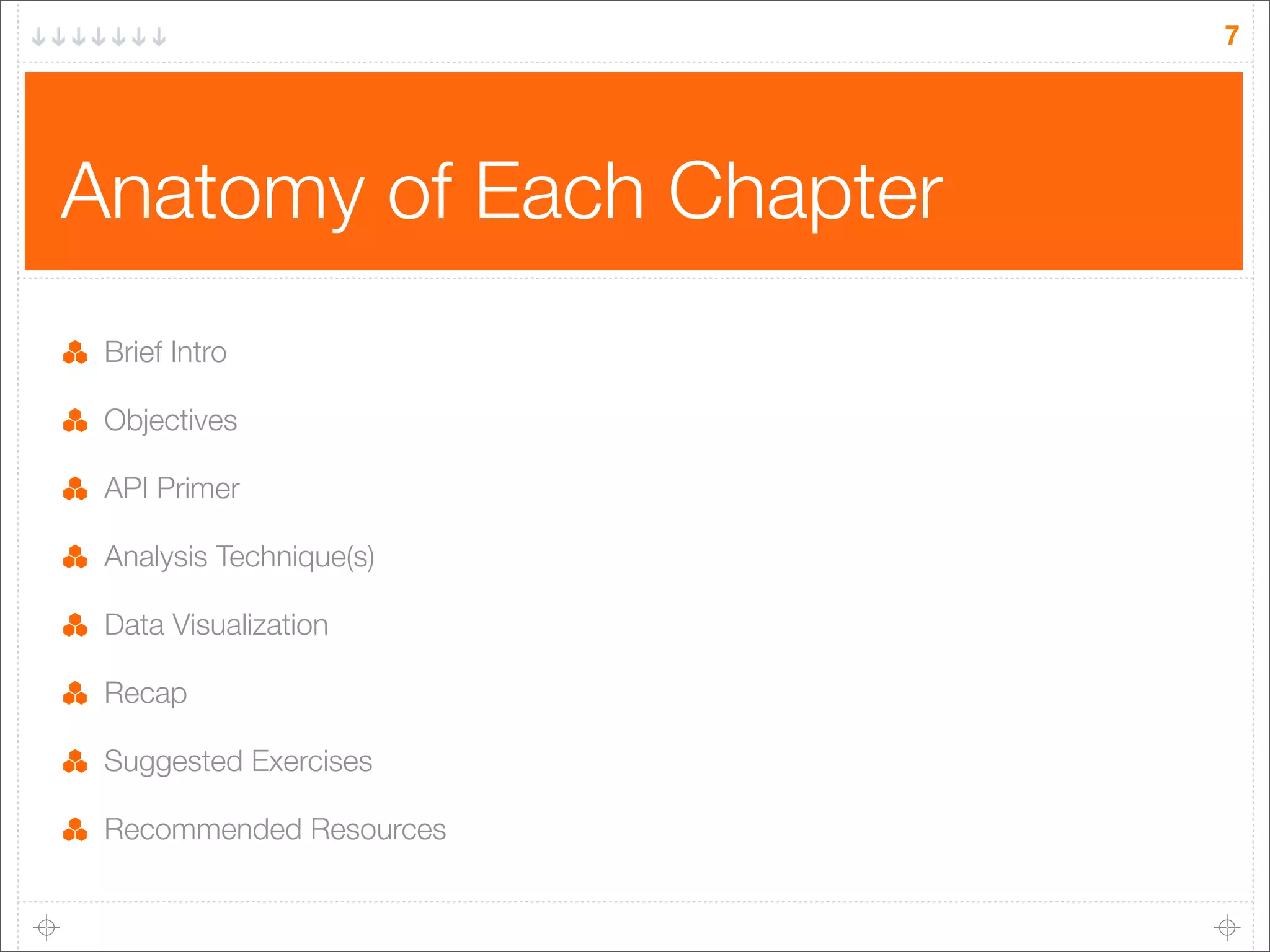 7

Anatomy of Each Chapter
Brief Intro
Objectives
API Primer
Analysis Technique(s)
Data Visualization
Recap
Suggested Exercises
Recommended Resources

 