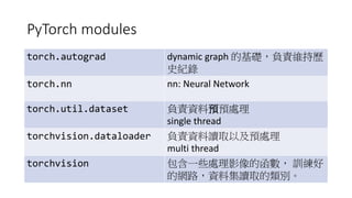 PyTorch modules
torch.autograd dynamic graph 的基礎，負責維持歷
史紀錄
torch.nn nn: Neural Network
torch.util.dataset 負責資料預預處理
single thread
torchvision.dataloader 負責資料讀取以及預處理
multi thread
torchvision 包含一些處理影像的函數， 訓練好
的網路，資料集讀取的類別。
 