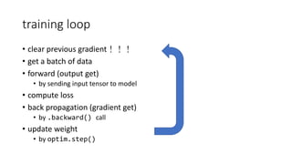 training loop
• clear previous gradient！！！
• get a batch of data
• forward (output get)
• by sending input tensor to model
• compute loss
• back propagation (gradient get)
• by .backward() call
• update weight
• by optim.step()
 