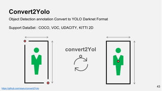 43
convert2Yol
o
Convert2Yolo
Object Detection annotation Convert to YOLO Darknet Format
Support DataSet : COCO, VOC, UDACITY, KITTI 2D
https://github.com/ssaru/convert2Yolo
 