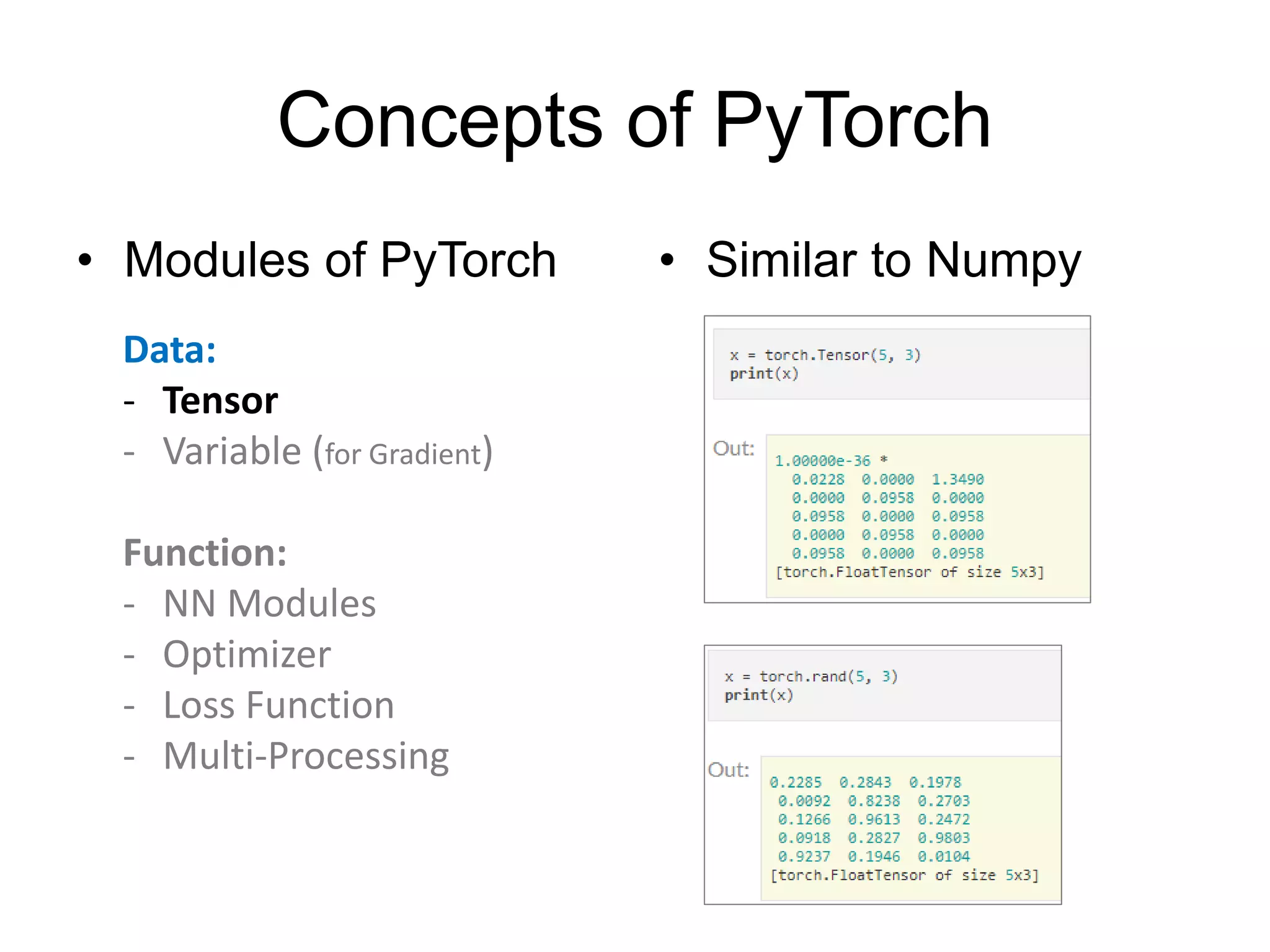 Concepts of PyTorch
• Modules of PyTorch • Similar to Numpy
Data:
- Tensor
- Variable (for Gradient)
Function:
- NN Modules
- Optimizer
- Loss Function
- Multi-Processing
 