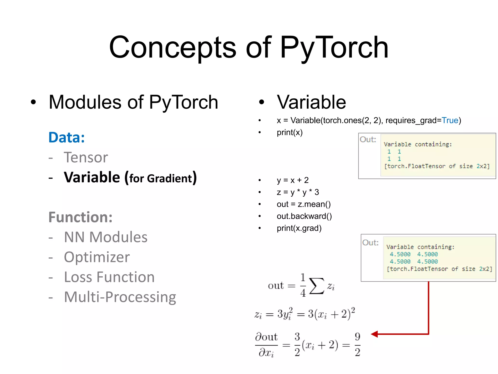 Concepts of PyTorch
• Modules of PyTorch • Variable
• x = Variable(torch.ones(2, 2), requires_grad=True)
• print(x)
• y = x + 2
• z = y * y * 3
• out = z.mean()
• out.backward()
• print(x.grad)
Data:
- Tensor
- Variable (for Gradient)
Function:
- NN Modules
- Optimizer
- Loss Function
- Multi-Processing
 