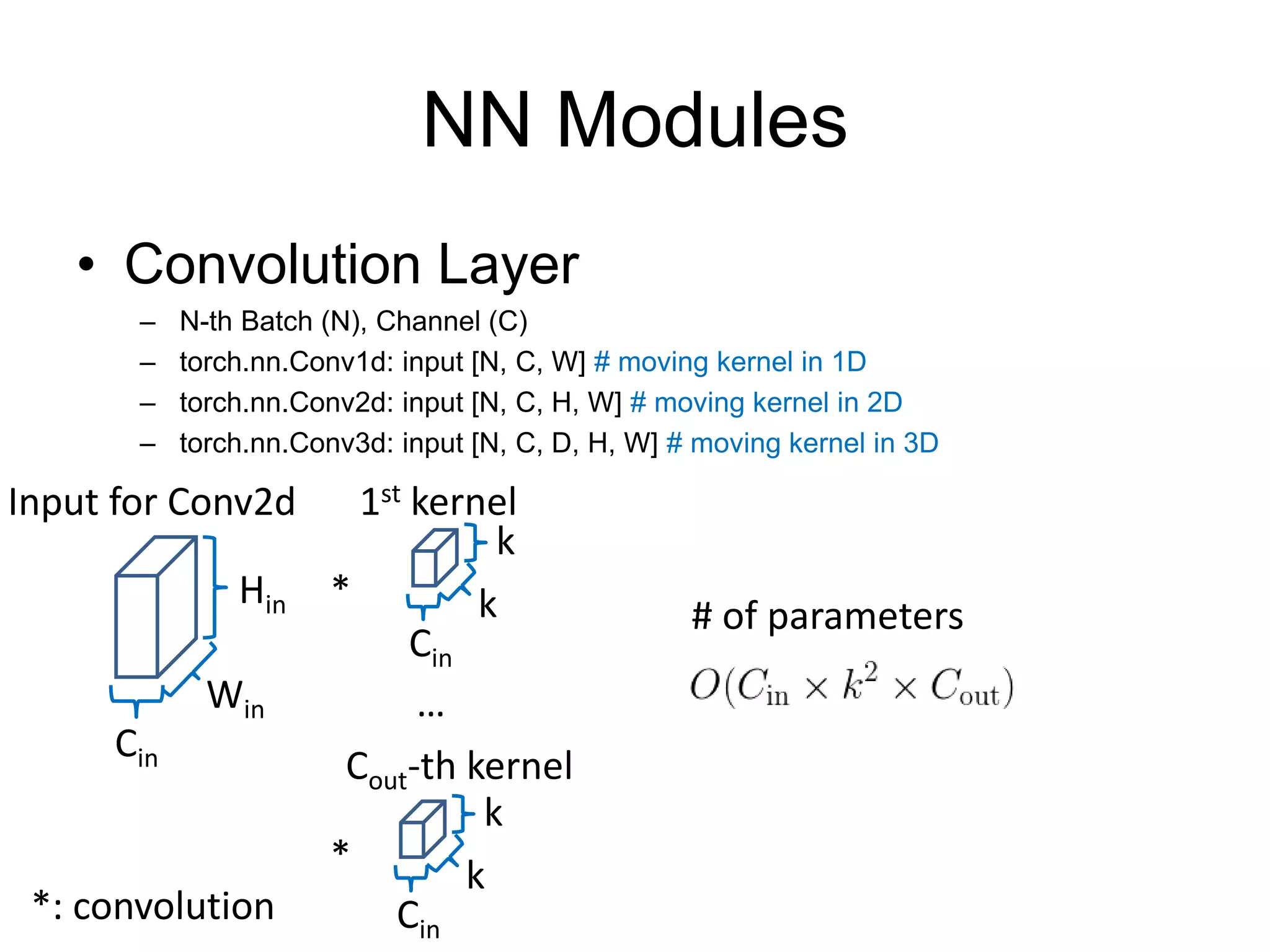 NN Modules
• Convolution Layer
– N-th Batch (N), Channel (C)
– torch.nn.Conv1d: input [N, C, W] # moving kernel in 1D
– torch.nn.Conv2d: input [N, C, H, W] # moving kernel in 2D
– torch.nn.Conv3d: input [N, C, D, H, W] # moving kernel in 3D
Hin
Input for Conv2d
k
k
Win
Cin
Cin
*
1st kernel
Cout-th kernel
k
k
Cin
*
*: convolution
…
# of parameters
 