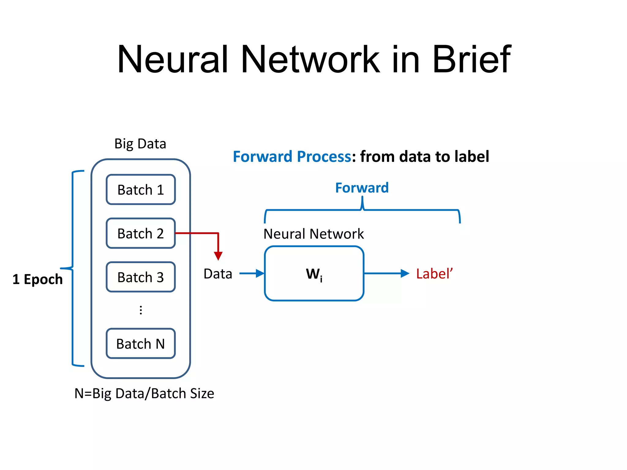 Neural Network in Brief
WiData Label’
Neural Network
Forward
Big Data
Batch N
Batch 1
Batch 2
Batch 3
…
1 Epoch
Forward Process: from data to label
N=Big Data/Batch Size
 