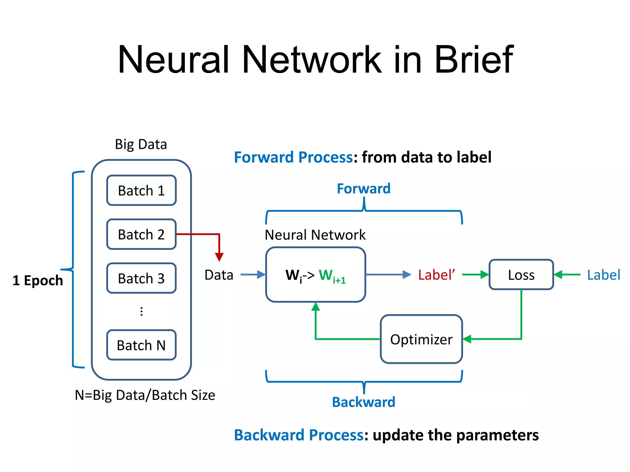 Neural Network in Brief Wi-> Wi+1Data Label’ Neural Network LabelLoss Optimizer Backward Forward Big Data Batch N Batch 1 Batch 2 Batch 3 … 1 Epoch Forward Process: from data to label Backward Process: update the parameters N=Big Data/Batch Size 