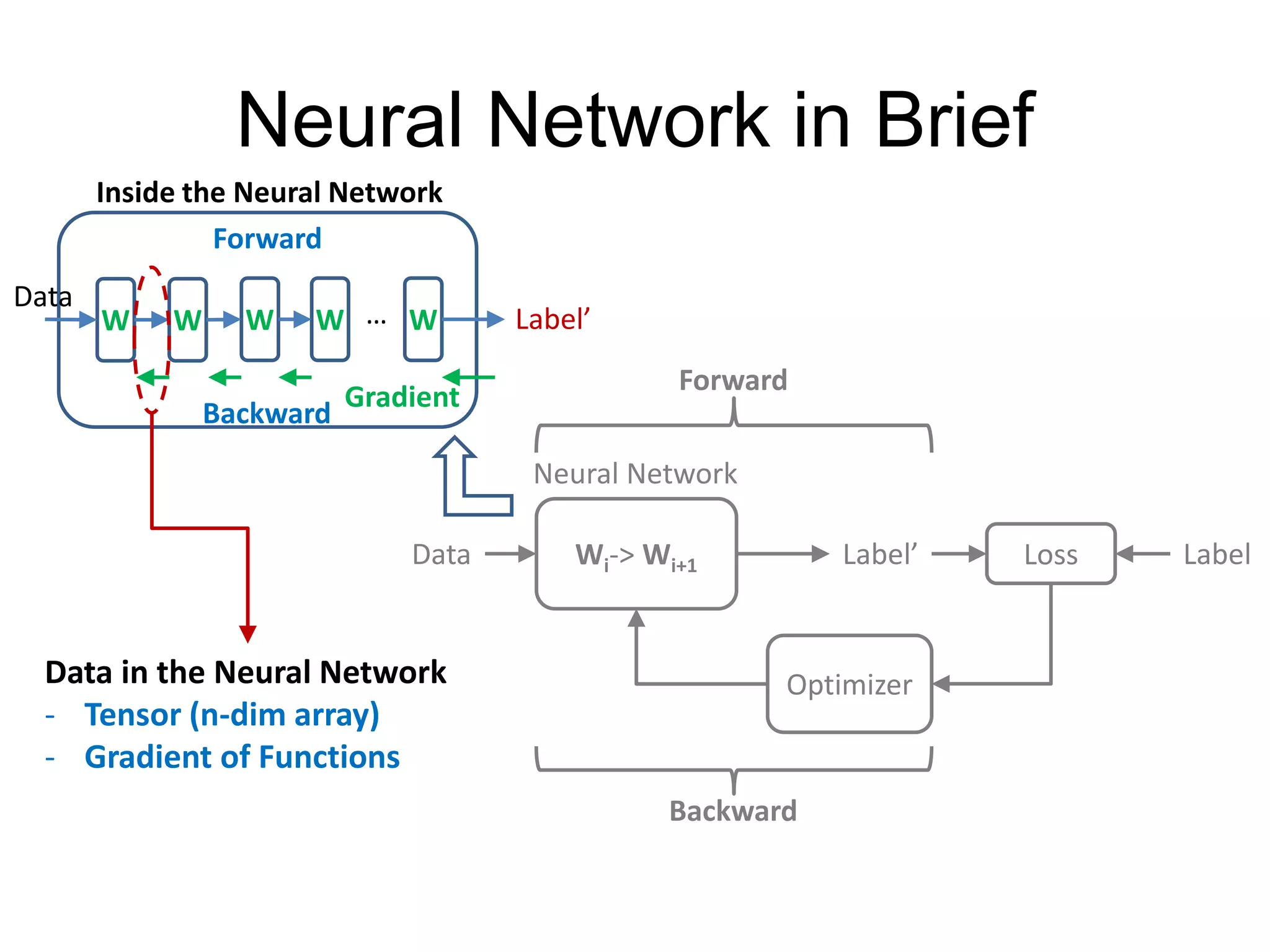 Neural Network in Brief Wi-> Wi+1Data Label’ Neural Network LabelLoss Optimizer Backward Forward W Forward Backward Inside the Neural Network W W W W… Data Gradient Data in the Neural Network - Tensor (n-dim array) - Gradient of Functions Label’ 