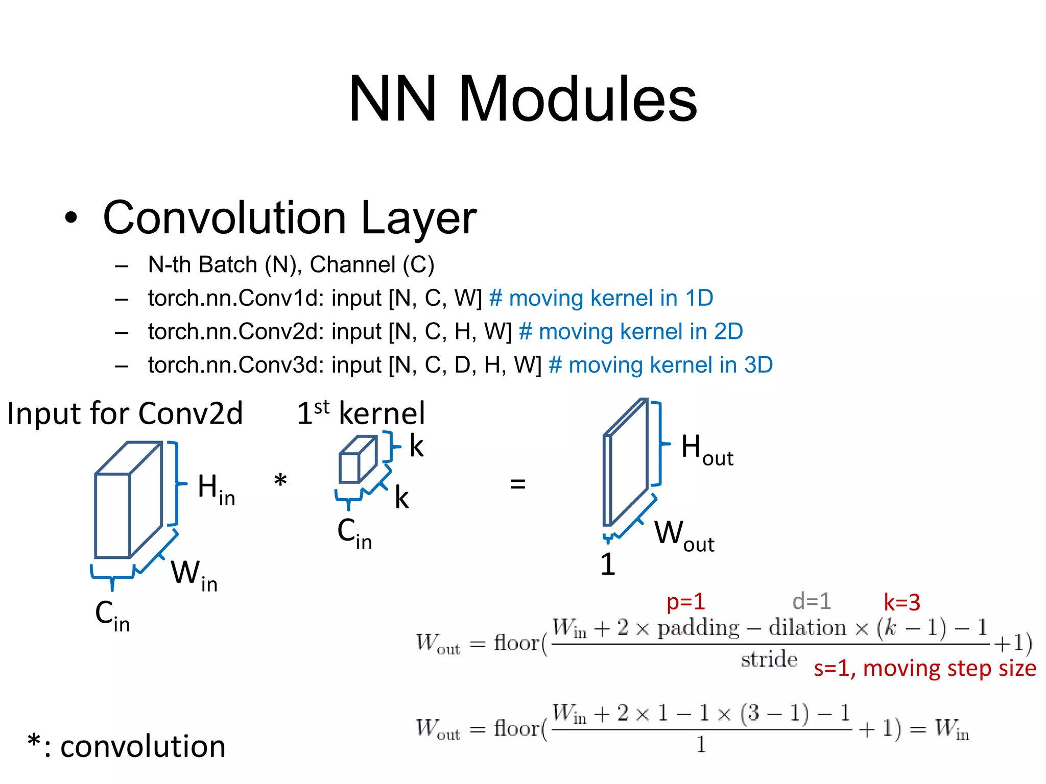 NN Modules • Convolution Layer – N-th Batch (N), Channel (C) – torch.nn.Conv1d: input [N, C, W] # moving kernel in 1D – torch.nn.Conv2d: input [N, C, H, W] # moving kernel in 2D – torch.nn.Conv3d: input [N, C, D, H, W] # moving kernel in 3D Hin Input for Conv2d k k Win Cin Cin Hout Wout 1 * 1st kernel = *: convolution k=3d=1 s=1, moving step size p=1 