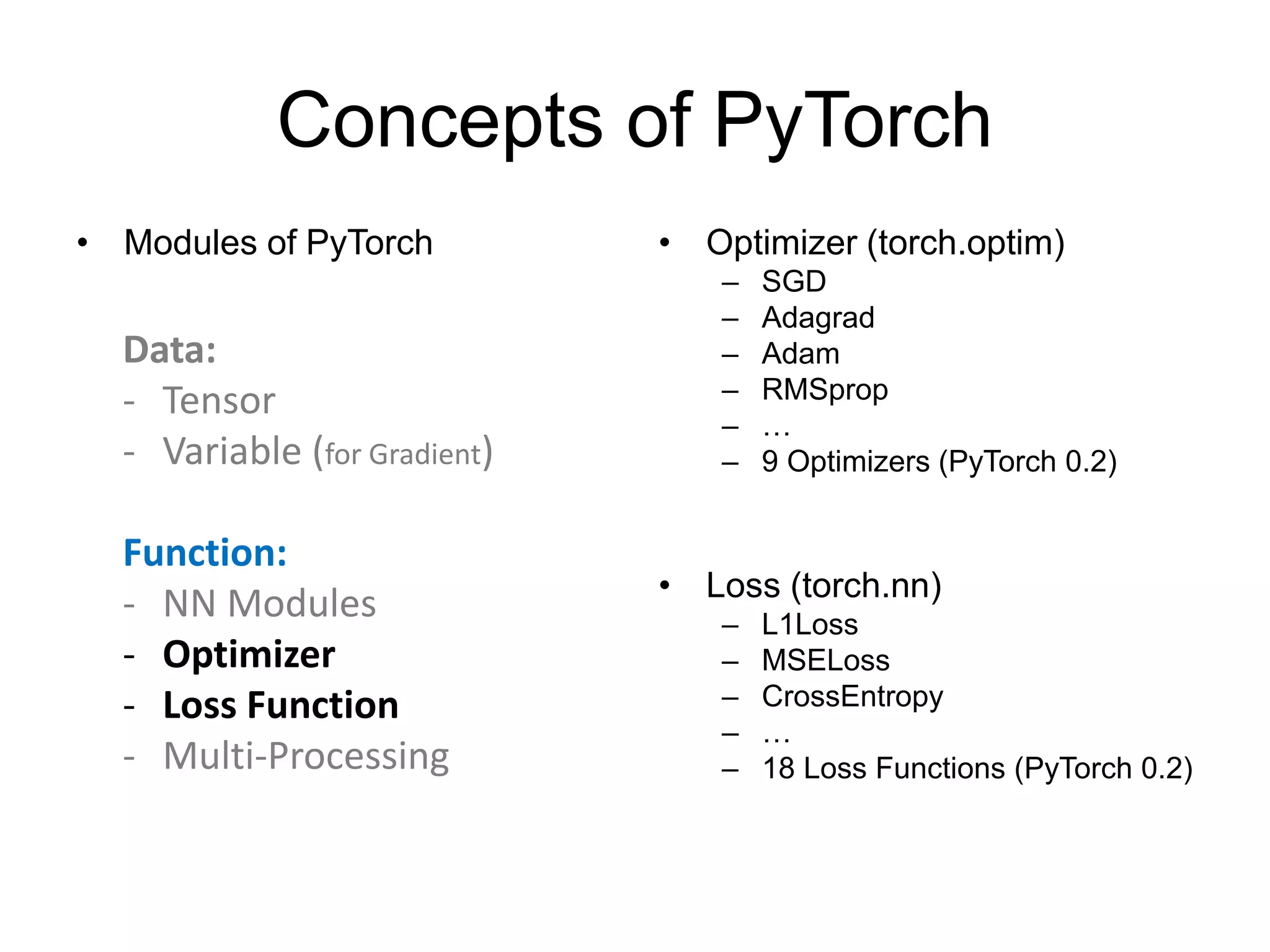 Concepts of PyTorch • Modules of PyTorch • Optimizer (torch.optim) – SGD – Adagrad – Adam – RMSprop – … – 9 Optimizers (PyTorch 0.2) • Loss (torch.nn) – L1Loss – MSELoss – CrossEntropy – … – 18 Loss Functions (PyTorch 0.2) Data: - Tensor - Variable (for Gradient) Function: - NN Modules - Optimizer - Loss Function - Multi-Processing 