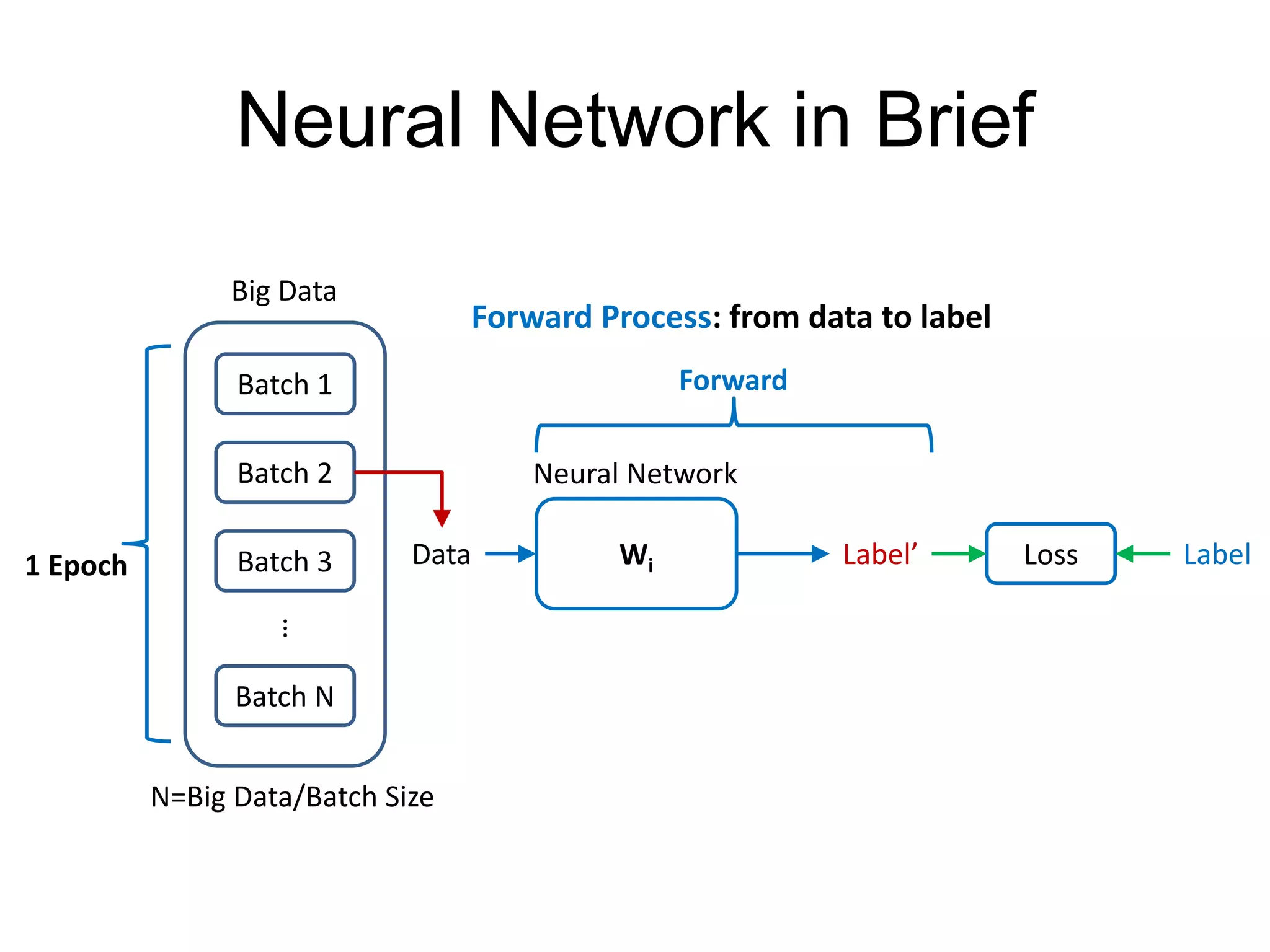 Neural Network in Brief WiData Label’ Neural Network LabelLoss Forward Big Data Batch N Batch 1 Batch 2 Batch 3 … 1 Epoch Forward Process: from data to label N=Big Data/Batch Size 