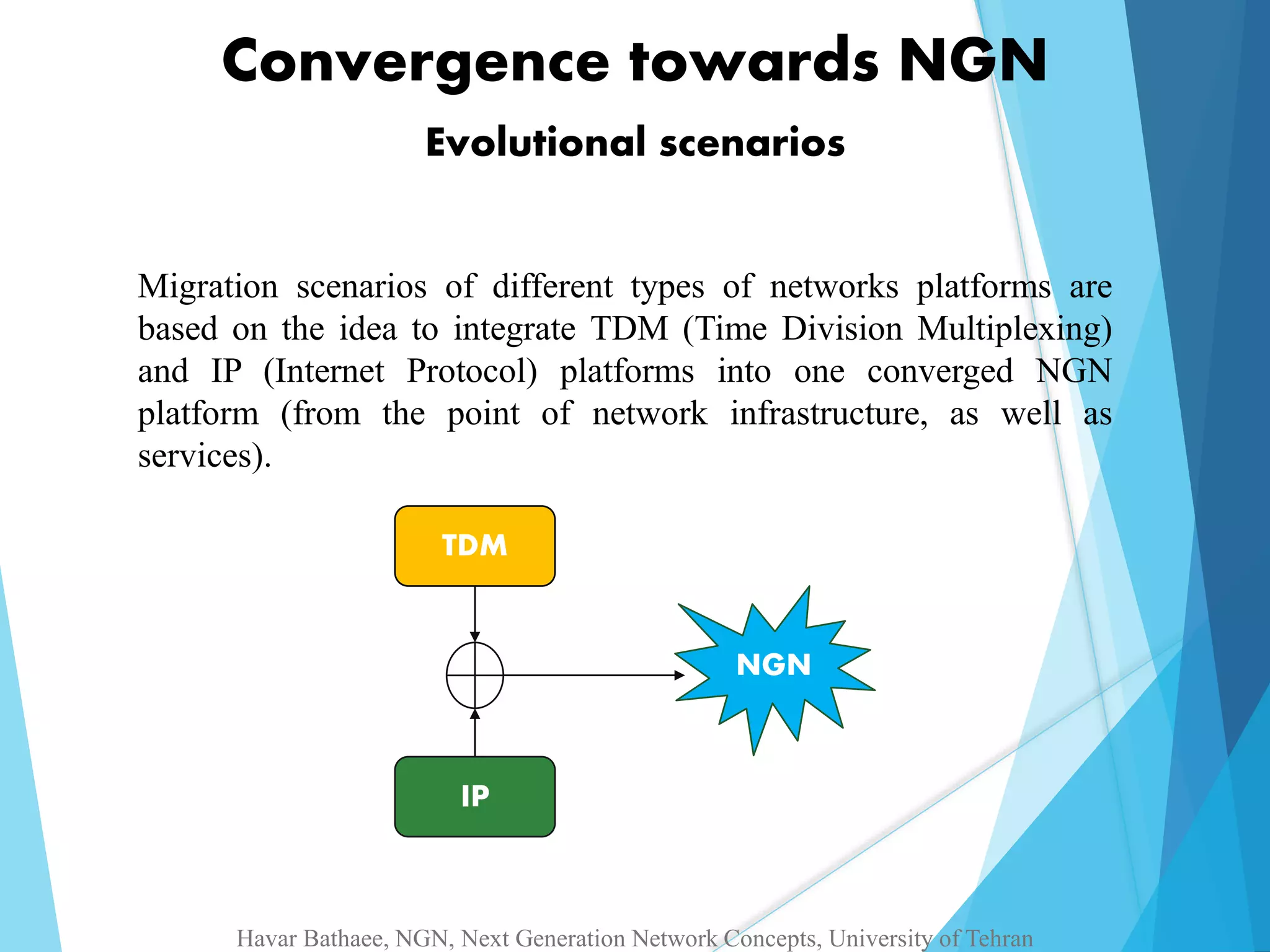 Convergence towards NGN 
Evolutional scenarios 
Migration scenarios of different types of networks platforms are 
based on the idea to integrate TDM (Time Division Multiplexing) 
and IP (Internet Protocol) platforms into one converged NGN 
platform (from the point of network infrastructure, as well as 
services). 
TDM 
IP 
NGN 
Havar Bathaee, NGN, Next Generation Network Concepts, University of Tehran 
 
