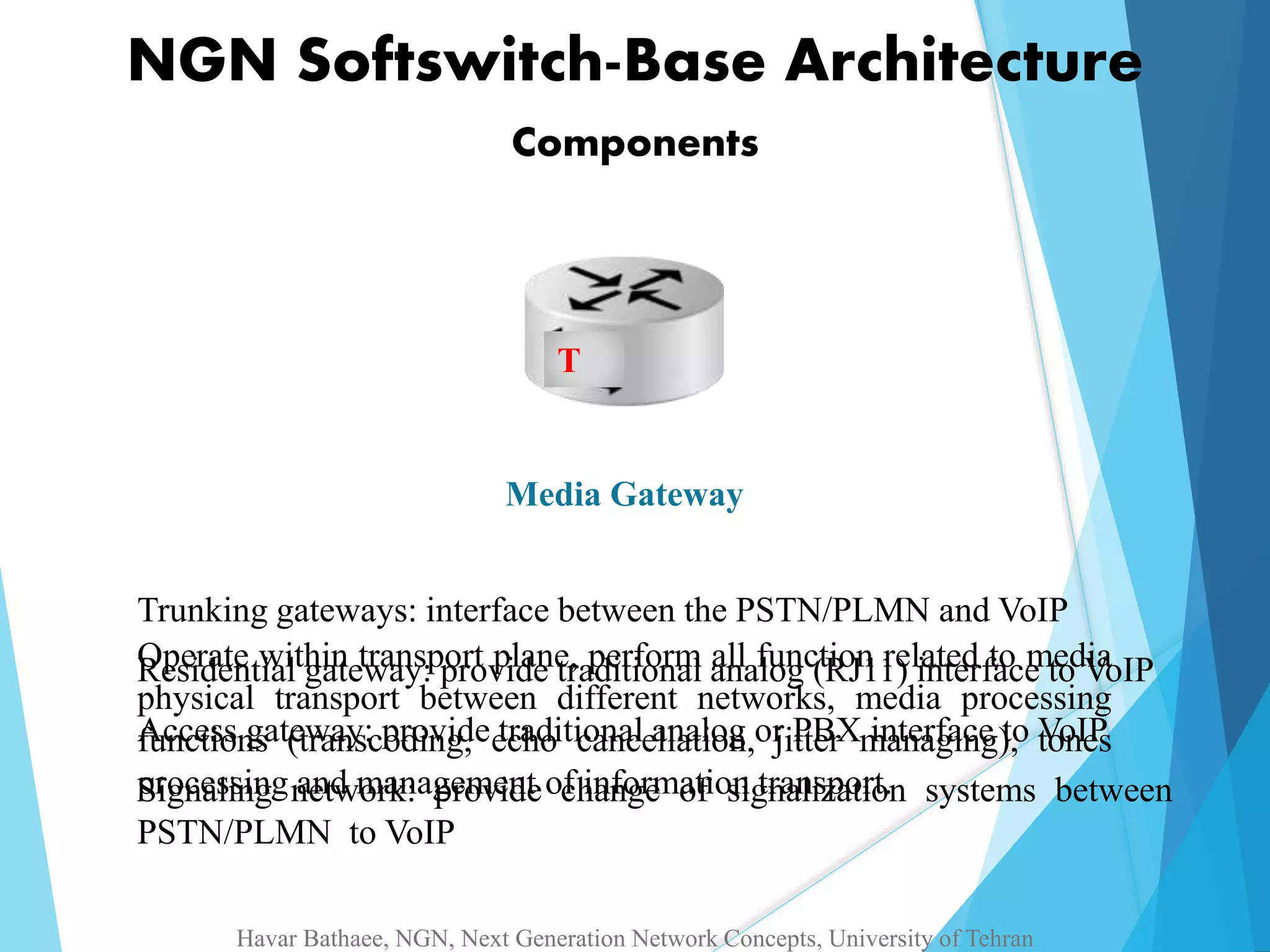 NGN Softswitch-Base Architecture 
Components 
T 
Media Gateway 
Trunking gateways: interface between the PSTN/PLMN and VoIP 
Operate Residential within gateway: transport provide plane, traditional perform analog all function (RJ11) related interface to media 
to VoIP 
physical transport between different networks, media processing 
functions Access gateway: (transcoding, provide echo traditional cancellation, analog or jitter PBX managing), interface to VoIP 
tones 
processing Signaling network: and management provide of change information of signalization transport. 
systems between 
PSTN/PLMN to VoIP 
Havar Bathaee, NGN, Next Generation Network Concepts, University of Tehran 
 