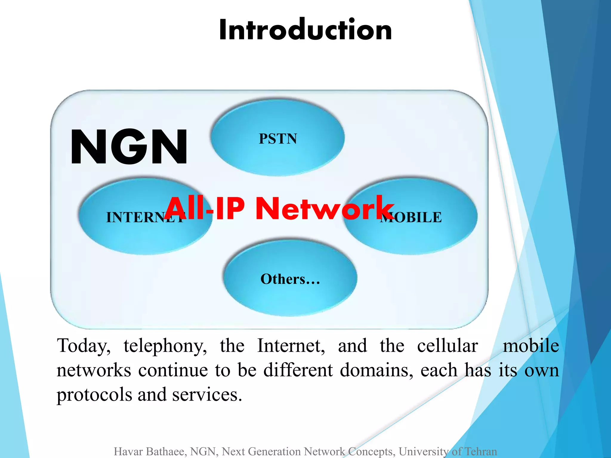 Introduction 
PSTN 
NGN 
All-IP Network 
INTERNET MOBILE 
Others… 
Today, telephony, the Internet, and the cellular mobile 
networks continue to be different domains, each has its own 
protocols and services. 
Havar Bathaee, NGN, Next Generation Network Concepts, University of Tehran 
 