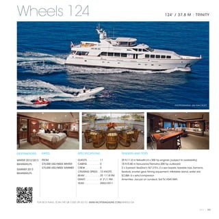 Wheels 124                                                                                                                    124' / 37.8 M | TRINITY




                                                                                                                                       PHOTOGRAPHY: JIM RAYCROFT




DESTINATIONS       RATES                      SPECIFICATIONS                            TENDERS AND TOYS

WINTER 2012/2013   FROM                       GUESTS. . . . . . . . .  11               39 ft/11.8 m Yellowfin/4 x 300 hp engines​(subject to availability)
BAHAMAS/FL         $70,000 USD/WEEK WINTER    CABINS. . . . . . . . .  5                18 ft/5.48 m Novurania/Yamaha 200 hp outboard
                   $70,000 USD/WEEK SUMMER    CREW. . . . . . . . . .  5                2 x 2-person SeaDoo's XLT 215's, 2 x sea kayaks, towable toys, banana,
SUMMER 2013
                                              CRUISING SPEED. .  15 KNOTS               Seabob, snorkel gear, fishing equipment, inflatable island, water skis
BAHAMAS/FL
                                              BEAM. . . . . . . . . . .  25' 11"/8.9M   SCUBA: 6 x sets/compressor
                                              DRAFT. . . . . . . . . .  6' 2"/1.9M      Amenities: Jacuzzi on sundeck, Sat TV, VSAT/WiFi.
                                              YEAR. . . . . . . . . . .  2002/2011




               FOR DECK PLANS, SCAN THE QR CODE OR GO TO: WWW.YACHTSMAGAZINE.COM/WHEELS124


                                                                                                                                                              2013 | 103
 