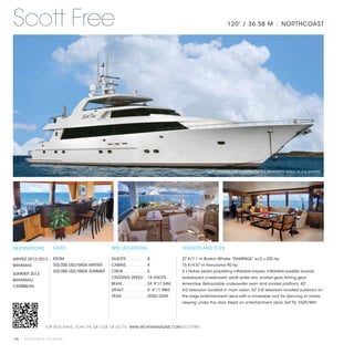 Scott Free                                                                                                          120' / 36.58 M | NORTHCOAST




                                                                                                        *NOT OFFERED FOR CHARTER TO U.S. RESIDENTS WHILE IN U.S. WATERS




DESTINATIONS           RATES                      SPECIFICATIONS                            TENDERS AND TOYS

WINTER 2012/2013       FROM                       GUESTS. . . . . . . . .  8                27 ft/7.1 m Boston Whaler "RAMPAGE" w/2 x 225 hp
BAHAMAS                $55,000 USD/WEEK WINTER    CABINS. . . . . . . . .  4                15 ft/4.57 m Novurania 90 hp
                       $55,000 USD/WEEK SUMMER    CREW. . . . . . . . . .  5                2 x Hobie pedal propelling inflatable kayaks, inflatable paddle boards,​
SUMMER 2013
                                                  CRUISING SPEED. .  18 KNOTS               wakeboard, kneeboard, adult water skis, snorkel gear, fishing gear
BAHAMAS/
                                                  BEAM. . . . . . . . . . .  24' 9"/7.54M   Amenities: Retractable underwater swim and snorkel platform, 42'
CARIBBEAN
                                                  DRAFT. . . . . . . . . .  6' 6"/1.98M     3-D television located in main salon, 52' 3-D television located outdoors on
                                                  YEAR. . . . . . . . . . .  2000/2009      the large entertainment deck-with a moveable roof for dancing or movie
                                                                                            viewing under the stars​ firepit on entertainment deck, Sat TV, VSAT/WiFi.
                                                                                                                   ,




                  FOR DECK PLANS, SCAN THE QR CODE OR GO TO: WWW.YACHTSMAGAZINE.COM/SCOTTFREE


106 | PRIVATE YACHT VACATIONS
 
