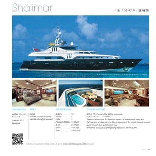 Shalimar                                                                                                                118' / 35.97 M | BENETTI




                                                                                                *NOT OFFERED FOR CHARTER TO U.S. RESIDENTS WHILE IN U.S. WATERS




DESTINATIONS       RATES                      SPECIFICATIONS                         TENDERS AND TOYS

WINTER 2012/2013   FROM                       GUESTS. . . . . . . . .  10            32 ft/9.75 m Century/2 x 300 hp outboards
BAHAMAS            $60,000 USD/WEEK WINTER    CABINS. . . . . . . . .  5             15 ft/4.57 m Novurania/90 hp
                   $60,000 USD/WEEK SUMMER    CREW. . . . . . . . . .  7             3-person waverunner, 2 x 2-person kayaks,2 x wakeboards, water skis,
SUMMER 2013
                                              CRUISING SPEED. .  12 KNOTS            2 x 2-person ski tubes, ski bob, fishing equipment, 2 x paddle boards, snorkel
BAHAMAS
                                              BEAM. . . . . . . . . . .  24'/7.32M   gear, 10 x sets dive gear, beach toys.
                                              DRAFT. . . . . . . . . .  4'/1.22M     Amenities: Jacuzzi, CD/DVD Library, iPod docks, Wii, VSAT/WiFi.
                                              YEAR. . . . . . . . . . .  1996/2010




               FOR DECK PLANS, SCAN THE QR CODE OR GO TO: WWW.YACHTSMAGAZINE.COM/SHALIMAR


                                                                                                                                                         2013 | 107
 