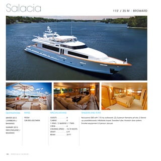 Salacia                                                                                                          115' / 35 M | BROWARD




DESTINATIONS           RATES              SPECIFICATIONS                     TENDERS AND TOYS

WINTER 2013            FROM               GUESTS . . . . . . . . .  8        Novurania 550 with 115 hp outboard; (2) 3-person Yamaha jet skis; 2 Stand-
CARIBBEAN /            $38,000 USD/WEEK   CABINS . . . . . . . . .  4        up paddleboards; Inflatable kayak; Towable tube; Hookah dive system;
BAHAMAS                                   1 KING / 2 QUEENS / 1 TWIN         Snorkel equipment; 8 person Jacuzzi.
                                          CREW. . . . . . . . . . .  4
SUMMER 2013
                                          CRUISING SPEED . .  15-18 KNOTS 
NEW ENGLAND /
                                          DRAFT . . . . . . . . . .  6 FT
BAHAMAS
                                          BEAM. . . . . . . . . . .  24 FT




108 | PRIVATE YACHT VACATIONS
 