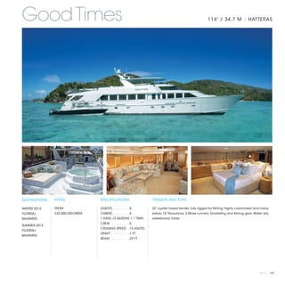 Good Times                                                                                              114' / 34.7 M | HATTERAS




DESTINATIONS   RATES              SPECIFICATIONS                   TENDERS AND TOYS

WINTER 2013    FROM               GUESTS. . . . . . . . .  8       32' Jupiter towed tender, fully rigged for fishing, highly customized and many
FLORIDA/       $32,500 USD/WEEK   CABINS. . . . . . . . .  4       extras; 18’ Novurania; 2 Wave runners; Snorkeling and fishing gear; Water skis,
BAHAMAS                           1 KING /2 QUEENS / 1 TWIN        wakeboard, tubes
                                  CREW. . . . . . . . . .  5
SUMMER 2013
                                  CRUISING SPEED:.  15 KNOTS
FLORIDA/
                                  DRAFT. . . . . . . . . .  7 FT
BAHAMAS
                                  BEAM. . . . . . . . . .  24 FT




                                                                                                                                           2013 | 109
 