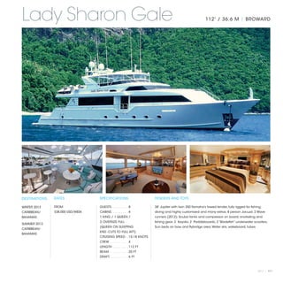 Lady Sharon Gale                                                                                      112' / 36.6 M | BROWARD




DESTINATIONS   RATES              SPECIFICATIONS                   TENDERS AND TOYS

WINTER 2013    FROM               GUESTS. . . . . . . . .  8       38' Jupiter with twin 350 Yamaha’s towed tender, fully rigged for fishing,
CARIBBEAN/     $38,000 USD/WEEK   CABINS. . . . . . . . .  4       diving and highly customized and many extras; 8 person Jacuzzi; 2 Wave
BAHAMAS                           1 KING / 1 QUEEN /               runners (2012); Scuba tanks and compressor on board, snorkeling and
                                  2 OVERSIZE FULL                  fishing gear; 2 Kayaks; 2 Paddleboards; 2 “Bladefish” underwater scooters;
SUMMER 2013
                                  (QUEEN ON SLEEPING               Sun beds on bow and flybridge area; Water skis, wakeboard, tubes.
CARIBBEAN/
                                  END -CUTS TO FULL AFT)
BAHAMAS
                                  CRUISING SPEED. .  15-18 KNOTS
                                  CREW. . . . . . . . . .  4
                                  LENGTH . . . . . . . .  112 FT
                                  BEAM. . . . . . . . . .  20 FT
                                  DRAFT. . . . . . . . . .  6 FT



                                                                                                                                          2013 | 111
 