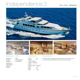 Independence 2                                                                                                   105' / 32 M | BROWARD




DESTINATIONS   RATES              SPECIFICATIONS                          TENDERS AND TOYS

WINTER 2013    FROM               GUESTS  .  .  .  .  .  .  . 8/9
                                        . .                               33' Ocean Master fully rigged for fishing; Novurania; Jacuzzi; Wave runner;
FLORIDA/       $36,000 US/WEEK,   CABINS  .  .  .  .  .  .  . 4
                                        . .                               Jet Ski; Stand-up paddleboards; Towable tube; Snorkel equipment
BAHAMAS        PLUS EXPENSES      1 KING, 1 QUEEN,
                                  2 TWINS, 1 PULLMAN
SUMMER 2013
                                  CREW.  .  .  .  .  .  .  .  .  . 4
NEW ENGLAND
                                  CRUISING SPEED 15 KNOTS
                                                . .
BAHAMAS/
                                  BEAM.  .  .  .  .  .  .  .  .  . 23FT
FLORIDA
                                  DRAFT  .  .  .  .  .  .  .  . 6FT
                                      . .
                                  YEAR  .  .  .  .  .  .  .  .  . 1993
                                     . .




                                                                                                                                                 2013 | 113
 