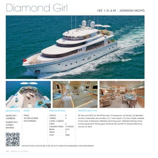 Diamond Girl                                                                                             103' / 31.6 M | JOHNSON YACHTS




DESTINATIONS           RATES                     SPECIFICATIONS                    TENDERS AND TOYS

WINTER 2013            FROM                      GUESTS. . . . . . . . .  8        25' Sea Hunt 2012 2x 150 HP Yamaha, 16' Aquascan Jet Tender, (2) Bladefish
CARIBBEAN              $47,000 US/WEEK           CABINS. . . . . . . . .  4        circular underwater sea scooters, (1) 1-man kayak, (1) 2-man kayak, towable
                       PLUS EXPENSES             2 KING, 2 QUEEN                   3-man tube, kneeboard, inflatable swimming pool, inflatable floating chairs,
SUMMER 2013
                                                 CREW. . . . . . . . . .  4        snorkel equipment, fishing gear, Nintendo Wii and Wii Fit, Karaoke Machine,
FLORIDA/
                                                 CRUISING SPEED. .  19 KNOTS       Jacuzzi on deck
BAHAMAS
                                                 BEAM. . . . . . . . . .  23’6”
                                                 DRAFT. . . . . . . . . .  7’
                                                 YEAR. . . . . . . . . . .  2008




                    FOR DECK PLANS, SCAN THE QR CODE OR GO TO: WWW.YACHTSMAGAZINE.COM/DIAMONDGIRL


114 | PRIVATE YACHT VACATIONS
 