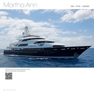 Martha Ann                                                                    230' / 70 M | LURSSEN




                                                                                        PHOTOGRAPHY: JIM RAYCROFT
                                                      *NOT OFFERED FOR CHARTER TO U.S. RESIDENTS WHILE IN U.S. WATERS



   FOR DECK PLANS, SCAN THE QR CODE BELOW OR GO TO:
   WWW.YACHTSMAGAZINE.COM/MARTHAANN




60 | PRIVATE YACHT VACATIONS
 