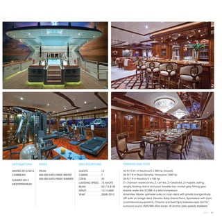 DESTINATIONS       RATES                      SPECIFICATIONS                         TENDERS AND TOYS

WINTER 2012/2013   FROM                       GUESTS. . . . . . . . .  12            44 ft/13.41 m Nautica/2 x 350 hp (towed)
CARIBBEAN          600,000 EURO/WEEK WINTER   CABINS. . . . . . . . .  7             26 ft/7.9 m Royal Denship “limousine”/260 hp
                   600,000 EURO/WEEK SUMMER   CREW. . . . . . . . . .  20            26 ft/7.9 m Nautica/2 x 150 hp
SUMMER 2013
                                              CRUISING SPEED. .  13 KNOTS            2 x 3-person waverunners, 2 x jet skis, 2 x Seabobs, 2 x kayaks, sailing
MEDITERRANEAN
                                              BEAM. . . . . . . . . .  42'/12.81M    dinghy, floating island and pool, towable toys, snorkel gear, fishing gear,
                                              DRAFT. . . . . . . . . .  12'/3.66M    boards, water skis, SCUBA: 6 x sets/compressor
                                              YEAR. . . . . . . . . . .  2008/2012   Amenities: Master split-level suite on main deck with private lounge/study,
                                                                                     VIP suite on bridge deck. Elevator, Baby Grand Piano. Sportsdeck with Gym
                                                                                     (commercial equipment), Cinema and Swim Spa. Kaleidescape, Sat TV/
                                                                                     surround sound, VSAT/WiFi, iPod docks. At anchor (zero speed) stabilizers.

                                                                                                                                                             2013 | 61
 