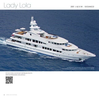 Lady Lola                                                              205' / 62.5 M | OCEANCO




                                                               PHOTOGRAPHY: JIM RAYCROFT AND QUICKSILVER STUDIOS
                                                      *NOT OFFERED FOR CHARTER TO U.S. RESIDENTS WHILE IN U.S. WATERS



   FOR DECK PLANS, SCAN THE QR CODE BELOW OR GO TO:
   WWW.YACHTSMAGAZINE.COM/LADYLOLA




66 | PRIVATE YACHT VACATIONS
 