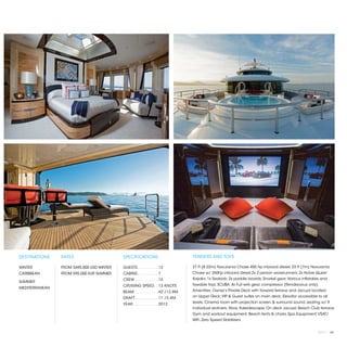DESTINATIONS    RATES                      SPECIFICATIONS                       TENDERS AND TOYS

WINTER          FROM $695,000 USD WINTER   GUESTS. . . . . . . . .  12          27 ft (8.22m) Novurania Chase 450 hp inboard diesel; 23 ft (7m) Novurania
CARIBBEAN       FROM 595,000 EUR SUMMER    CABINS. . . . . . . . .  7           Chase w/ 350hp inboard diesel;2x 2 person waverunners; 2x Hobie Quest
                                           CREW. . . . . . . . . .  15          Kayaks; 1x Seabob; 2x paddle boards; Snorkel gear; Various inflatable and
SUMMER
                                           CRUISING SPEED. .  13 KNOTS          towable toys; SCUBA: 4x Full sets gear, compressor (Rendezvous only).
MEDITERRANEAN
                                           BEAM. . . . . . . . . .  42’/12.8M   Amenities: Owner’s Private Deck with forward terrace and Jacuzzi located

                                           DRAFT. . . . . . . . . .  11’/3.4M   on Upper Deck; VIP & Guest suites on main deck; Elevator accessible to all
                                                                                levels; Cinema room with projection screen & surround sound, seating w/ 9
                                           YEAR. . . . . . . . . . .  2012
                                                                                individual recliners; Xbox, Kaleidescape, On deck Jacuzzi; Beach Club terrace;
                                                                                Gym and workout equipment; Beach tents & chairs, Spa Equipment; VSAT/
                                                                                WiFi, Zero Speed Stabilizers.


                                                                                                                                                    2013 | 69
 