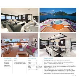 DESTINATIONS       RATES                      SPECIFICATIONS                           TENDERS AND TOYS

WINTER 2012/2013   FROM                       GUESTS. . . . . . . . .  12              32 ft/9.75 m Boston Whaler/2 x 275 hp (Bahamas/Caribbean)
BAHAMAS/           $395,000 USD/WEEK WINTER   CABINS. . . . . . . . .  6               23 ft/7 m Novurania Chase/220 hp diesel stern drive (Mediterranean)
CARIBBEAN          425,000 EURO/WEEK SUMMER   CREW. . . . . . . . . .  12              22 ft/6.7 m Nautica Landing Craft/197 hp jet
                                              CRUISING SPEED. .  14 KNOTS              4 x waverunners, trampoline, water skis, wakeboard, snorkel gear, beach gear.
SUMMER 2013
                                              BEAM. . . . . . . . . .  33' 4"/10.18M   Exercise equipment: spin bike, pull-up machine, weight bench, free-weights
MEDITERRANEAN
                                              DRAFT. . . . . . . . . .  7' 11"/2.43M   SCUBA: 6 x sets/compressor
                                              YEAR. . . . . . . . . . .  2011          Amenities: 3 Master suites: main deck Master with private lounge/study,
                                                                                       2 VIP suites below. Extended swim platform “Beach Club”, Jacuzzi on sundeck.
                                                                                       Kaleidescape, Sat TV/surround sound, VSAT/WiFi, iPod docks. At anchor (zero
                                                                                       speed) stabilizers. Sportfish available/inquire for details (Bahamas only)

                                                                                                                                                            2013 | 71
 