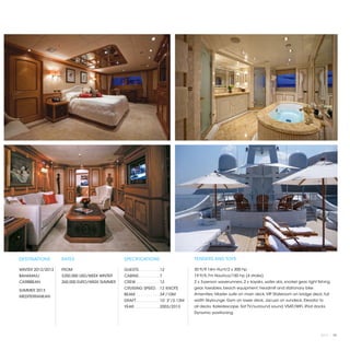 DESTINATIONS       RATES                      SPECIFICATIONS                           TENDERS AND TOYS

WINTER 2012/2013   FROM                       GUESTS. . . . . . . . .  12              30 ft/9.14m Hunt/2 x 300 hp
BAHAMAS/           $250,000 USD/WEEK WINTER   CABINS. . . . . . . . .  7               19 ft/5.7m Nautica/150 hp (4 stroke)
CARIBBEAN          260,000 EURO/WEEK SUMMER   CREW. . . . . . . . . .  12              2 x 3-person waverunners, 2 x kayaks, water skis, snorkel gear, light fishing
                                              CRUISING SPEED. .  12 KNOTS              gear, towables, beach equipment, treadmill and stationary bike.
SUMMER 2013
                                              BEAM. . . . . . . . . .  34'/10M         Amenities: Master suite on main deck, VIP Stateroom on bridge deck, full
MEDITERRANEAN
                                              DRAFT. . . . . . . . . .  10' 3"/3.12M   width Skylounge. Gym on lower deck, Jacuzzi on sundeck, Elevator to
                                              YEAR. . . . . . . . . . .  2003/2013     all decks. Kaleidescape, Sat TV/surround sound, VSAT/WiFi, iPod docks.
                                                                                       Dynamic positioning.




                                                                                                                                                              2013 | 75
 