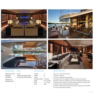 DESTINATIONS       RATES                      SPECIFICATIONS                          TENDERS AND TOYS

WINTER 2012/2013   FROM                       GUESTS. . . . . . . . .  12             23 ft/7.01 m Chris-Craft Catalina
BAHAMAS/           $240,000 USD/WEEK WINTER   CABINS. . . . . . . . .  6              16 ft/4.87 m Nautica
CARIBBEAN          $275,000 USD/WEEK SUMMER   CREW. . . . . . . . . .  9              15 ft/4.57 m Vanguard Laser Sailboat
                                              CRUISING SPEED. .  14 KNOTS             2 x SeaDoo jet skis, 2 x SeaBob underwater scooters, large water
SUMMER 2013
                                              BEAM. . . . . . . . . .  29' 6"/8.99M   trampoline, water skis (multiple), inner tube, wakeboards, Brownies dive
MEDITERRANEAN
                                              DRAFT. . . . . . . . . .  7' 9"/2.36M   compressor, dive equipment, treadmill, rowing machine, 4 x exercise balls,
                                              YEAR. . . . . . . . . . .  2009         6 x exercise mats, 6 x stretching bands, free weights.
                                                                                      Amenities: Kaleidescape, iPod docking stations, video games, VSAT/WiFi.
                                                                                      At anchor (zero speed) stabilizers.



                                                                                                                                                           2013 | 79
 