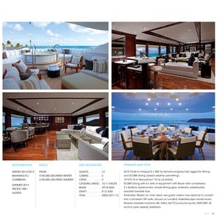 DESTINATIONS       RATES                      SPECIFICATIONS                            TENDERS AND TOYS

WINTER 2012/2013   FROM                       GUESTS. . . . . . . . .  12               35 ft/10.66 m Intrepid/2 x 350 hp Yamaha engines fully rigged for fishing
BAHAMAS/FL/        $185,000 USD/WEEK WINTER   CABINS. . . . . . . . .  5                and SCUBA Diving (towed weather permitting)
CARIBBEAN          $185,000 USD/WEEK SUMMER   CREW. . . . . . . . . .  9                18 ft/5.18 m Novurania/115 hp (4 stroke)
                                              CRUISING SPEED. .  15-17 KNOTS            SCUBA Diving with 6 x sets of equipment with Bauer dive compressor,
SUMMER 2013
                                              BEAM. . . . . . . . . .  29'/8.83M        2 x SeaDoo waverunners, ample ﬁshing gear, waterskis, wakeboards,
PACIFIC NW/
                                              DRAFT. . . . . . . . . .  8'/2.43M        assorted towable toys.
ALASKA
                                              YEAR. . . . . . . . . . .  2004/2011-12   Amenities: Master on main deck, two guest cabins now optional to convert
                                                                                        into a full beam VIP suite, Jacuzzi on sundeck. Kaleidescape movie/music
                                                                                        libraries, karaoke machine, Wii, X-Box. Sat TV/surround sound, VSAT/WiFi. At
                                                                                        anchor (zero speed) stabilizers.

                                                                                                                                                             2013 | 81
 
