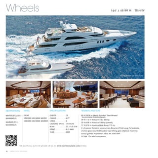 Wheels                                                                                                                            164' / 49.99 M | TRINITY




                                                                                                                                             PHOTOGRAPHY: JIM RAYCROFT




DESTINATIONS           RATES                      SPECIFICATIONS                             TENDERS AND TOYS

WINTER 2012/2013       FROM                       GUESTS. . . . . . . . .  12                80 ft/24.28 m Merritt Sportfish "Reel Wheels"
                                                                                             *Accommodates 2 additional guests
BAHAMAS/FL             $200,000 USD/WEEK WINTER   CABINS. . . . . . . . .  6/7*
                                                                                             39 ft/11.8 m Yellow Fin/4 x 300 hp
                       $200,000 USD/WEEK SUMMER   CREW. . . . . . . . . .  8
SUMMER 2013                                                                                  20 ft/6.09 m Nautica/195 hp (diesel)
                                                  CRUISING SPEED. .  17 KNOTS
BAHAMAS/FL                                                                                   17 ft/5.18 m Nautica Wide Body/115 hp
                                                  BEAM. . . . . . . . . . .  27' 11"/8.51M
                                                                                             2 x 3-person Yamaha waverunners, Brownie’s Third Lung, 2 x Seabobs,
                                                  DRAFT. . . . . . . . . .  8'/2.44M
                                                                                             snorkel gear, assorted towable toys, fishing gear, elliptical machine,
                                                  YEAR. . . . . . . . . . .  2009
                                                                                             board games, Playstation, X-Box, Wii, VSAT/WiFi.
                                                                                             SCUBA: 12 x sets/compressor




                 FOR DECK PLANS, SCAN THE QR CODE OR GO TO: WWW.YACHTSMAGAZINE.COM/WHEELS


94 | PRIVATE YACHT VACATIONS
 