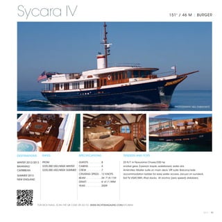 Sycara IV                                                                                                                        151' / 46 M | BURGER




                                                                                                                                      PHOTOGRAPHY: NEIL RABINOWITZ




DESTINATIONS       RATES                       SPECIFICATIONS                            TENDERS AND TOYS

WINTER 2012/2013   FROM                        GUESTS. . . . . . . . .  8                23 ft/7 m Novurania Chase/220 hp​
BAHAMAS/           $225,000 USD/WEEK WINTER    CABINS. . . . . . . . .  4                snorkel gear, 2-person kayak, wakeboard, water skis
CARIBBEAN          $225,000 USD/WEEK SUMMER    CREW. . . . . . . . . .  7                Amenities: Master suite on main deck, VIP suite. Balcony/side
                                               CRUISING SPEED. .  12 KNOTS               accommodation ladder for easy water access, Jacuzzi on sundeck.
SUMMER 2013
                                               BEAM. . . . . . . . . . .  26' 7"/8.11M   Sat TV, VSAT/WiFi, iPod docks. At anchor (zero speed) stabilizers.
NEW ENGLAND
                                               DRAFT. . . . . . . . . .  6' 6"/1.99M
                                               YEAR. . . . . . . . . . .  2009




               FOR DECK PLANS, SCAN THE QR CODE OR GO TO: WWW.YACHTSMAGAZINE.COM/SYCARAIV


                                                                                                                                                              2013 | 97
 