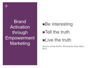 +
Brand
Activation
through
Empowerment
Marketing
Be interesting
Tell the truth
Live the truth
Source: Jonas Sachs, Winn...
