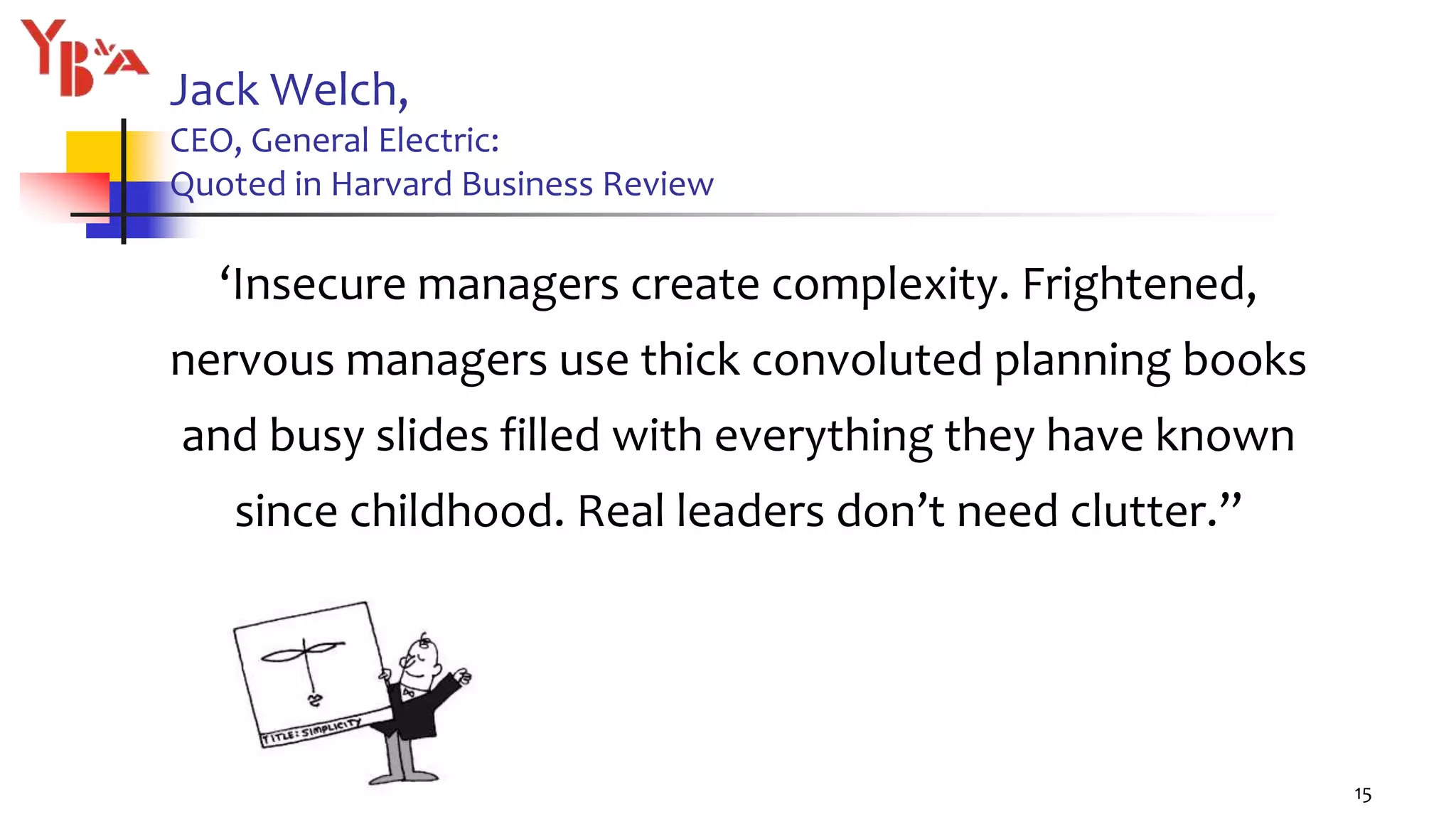 Jack Welch,
CEO, General Electric:
Quoted in Harvard Business Review
‘Insecure managers create complexity. Frightened,
nervous managers use thick convoluted planning books
and busy slides filled with everything they have known
since childhood. Real leaders don’t need clutter.”
15
 