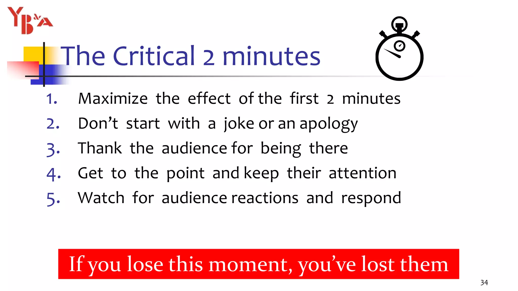 The Critical 2 minutes
1. Maximize the effect of the first 2 minutes
2. Don’t start with a joke or an apology
3. Thank the audience for being there
4. Get to the point and keep their attention
5. Watch for audience reactions and respond
34
If you lose this moment, you’ve lost them
 