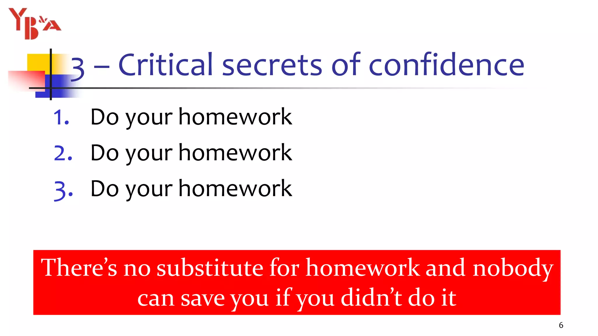 3 – Critical secrets of confidence
1. Do your homework
2. Do your homework
3. Do your homework
6
There’s no substitute for homework and nobody
can save you if you didn’t do it
 