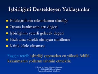 İşbirliğini Destekleyen Yaklaşımlar
   Etkileşimlerin tekrarlanma olasılığı
   Oyuna katılmanın artı değeri
   İşbirliğinin yeterli gelecek değeri
   Hızlı ama sürekli olmayan misilleme
   Kritik kütle oluşması

Yaygın tercih işbirliği yapmadan en yüksek ödülü
kazanmanın yollarını tahmin etmektir.
                   2. Proje ve Yapım Yönetimi Kongresi,
                      13 – 16 Eylül 2012 İzmir Yüksek
                       Teknoloji Enstitüsü, Urla-İzmir
 