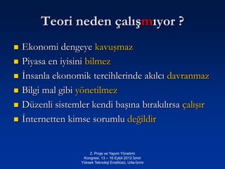 Teori neden çalışmıyor ?
   Ekonomi dengeye kavuşmaz
   Piyasa en iyisini bilmez
   İnsanla ekonomik tercihlerinde akılcı davranmaz
   Bilgi mal gibi yönetilmez
   Düzenli sistemler kendi başına bırakılırsa çalışır
   İnternetten kimse sorumlu değildir


                       2. Proje ve Yapım Yönetimi
                    Kongresi, 13 – 16 Eylül 2012 İzmir
                   Yüksek Teknoloji Enstitüsü, Urla-İzmir
 