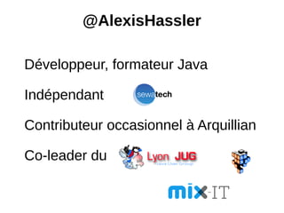 @AlexisHassler

Développeur, formateur Java

Indépendant

Contributeur occasionnel à Arquillian

Co-leader du
 