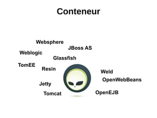 Conteneur


        Websphere
                      JBoss AS
Weblogic
                 Glassfish
TomEE
          Resin
                                  Weld
                                   OpenWebBeans
         Jetty
           Tomcat                OpenEJB
 
