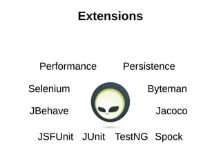 Extensions



  Performance    Persistence

Selenium                Byteman

JBehave                  Jacoco

 JSFUnit JUnit TestNG Spock
 
