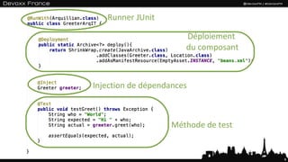 Runner JUnit

                       Déploiement
                       du composant



Injection de dépendances



                    Méthode de test


                                      8
 