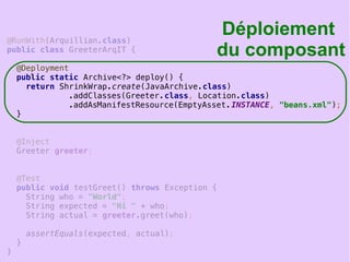 21
@RunWith(Arquillian.class)
public class GreeterArqIT {
@Deployment
public static Archive<?> deploy() {
return ShrinkWrap.create(JavaArchive.class)
.addClasses(Greeter.class, Location.class)
.addAsManifestResource(EmptyAsset.INSTANCE, "beans.xml");
}
@Inject
Greeter greeter;
@Test
public void testGreet() throws Exception {
String who = "World";
String expected = "Hi " + who;
String actual = greeter.greet(who);
assertEquals(expected, actual);
}
}
Déploiement
du composant
 