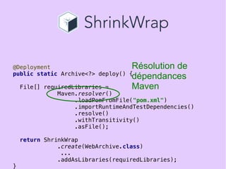 25
@Deployment
public static Archive<?> deploy() {
File[] requiredLibraries =
Maven.resolver()
.loadPomFromFile("pom.xml")
.importRuntimeAndTestDependencies()
.resolve()
.withTransitivity()
.asFile();
return ShrinkWrap
.create(WebArchive.class)
...
.addAsLibraries(requiredLibraries);
}
Résolution de
dépendances
Maven
 