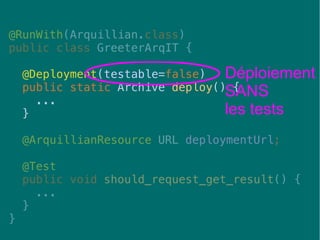 33
@RunWith(Arquillian.class)
public class GreeterArqIT {
@Deployment(testable=false)
public static Archive deploy() {
...
}
@ArquillianResource URL deploymentUrl;
@Test
public void should_request_get_result() {
...
}
}
Déploiement
SANS
les tests
 